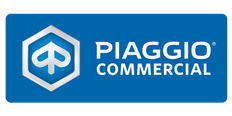 Logo der Nutzfahrzeugmarke Piaggio Commercial in Blau mit Icon und weißer Schrift.